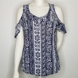 iZ Byer Women's Cold Shoulder Top Navy‎ Blue White Size L